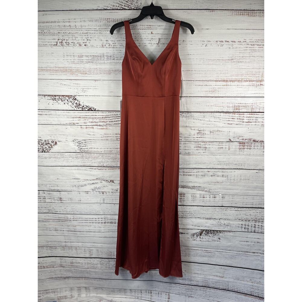 Azazie Dress Women's 4 Rust V Neck Satin Formal Bridesmaid Gown Open Back Slit - Picture 2 of 13